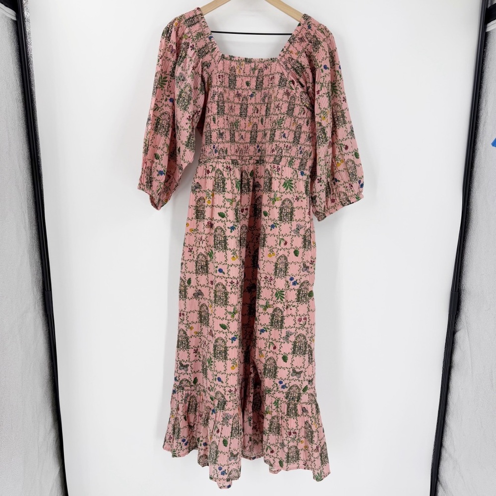 NWT Printfresh Florence Dress Gilded Greenhouse Print L Organic Cotton Midi Pink - Picture 10 of 10